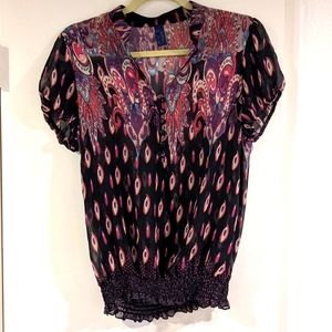 MYK Sheer Chiffon Paisley Short Sleeve V Neck Button Blouse - M